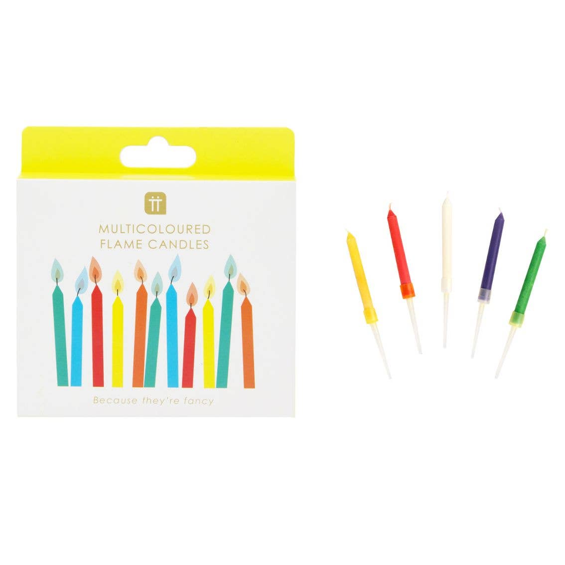 Packaged multicolored flame candles with a display of colorful candles on a white background