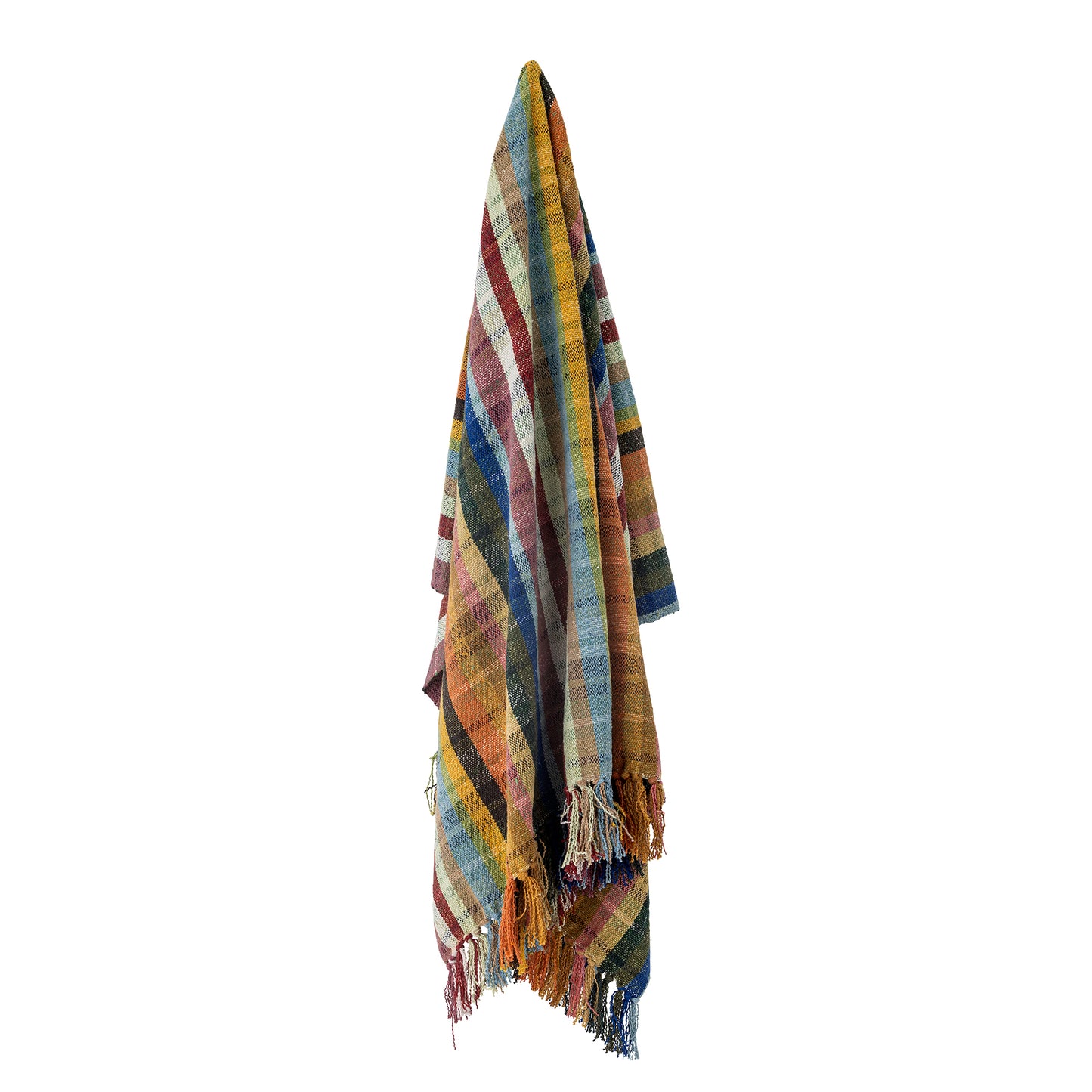 Bloomingville Elmy Recycled Cotton Throw. Colourful Checkered Blanket hanging on a hook on white background