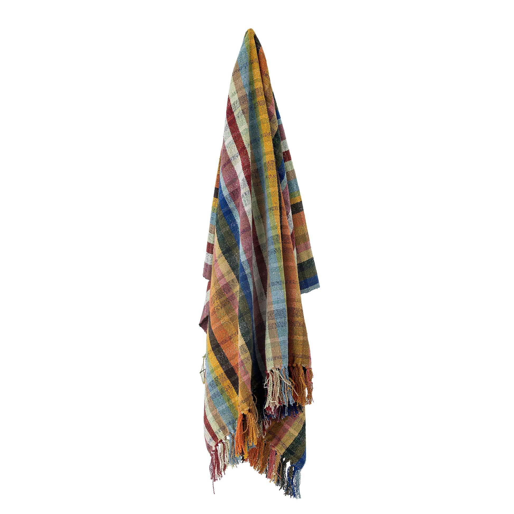 Bloomingville Elmy Recycled Cotton Throw. Colourful Checkered Blanket hanging on a hook on white background