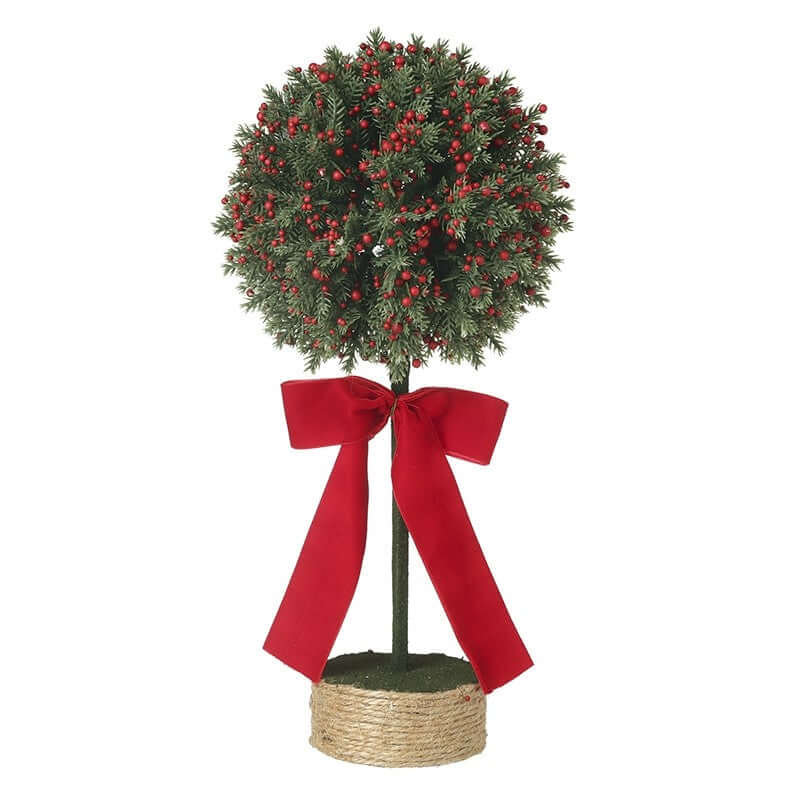 Decorative potted plant with red berries and a red ribbon on a white background