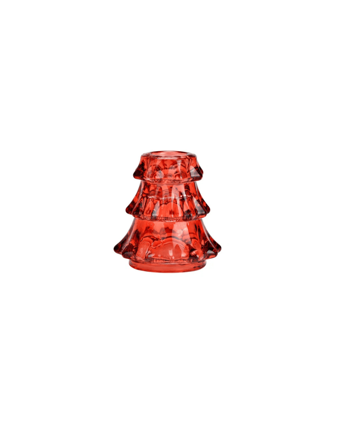 Red glass vase with a unique design on a white background
