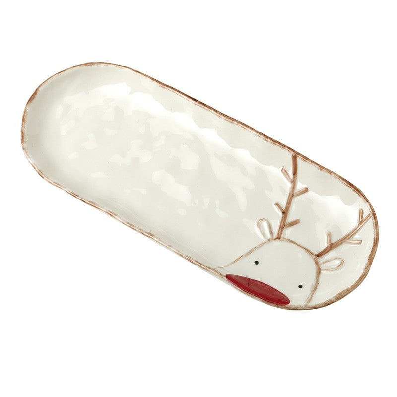 Decorative oval plate with a reindeer design on a white background