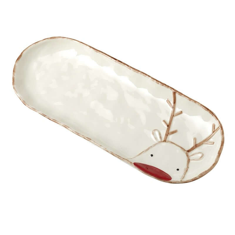 Ceramic oval plate with reindeer design on a white background