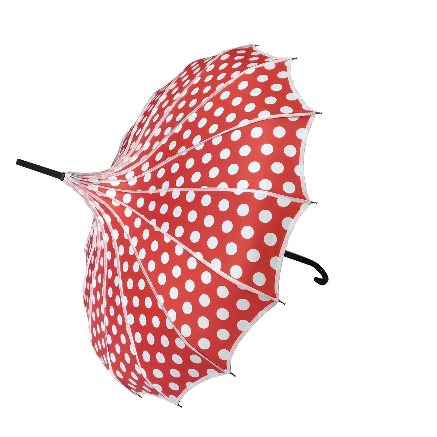 Red umbrella with white polka dots on a white background