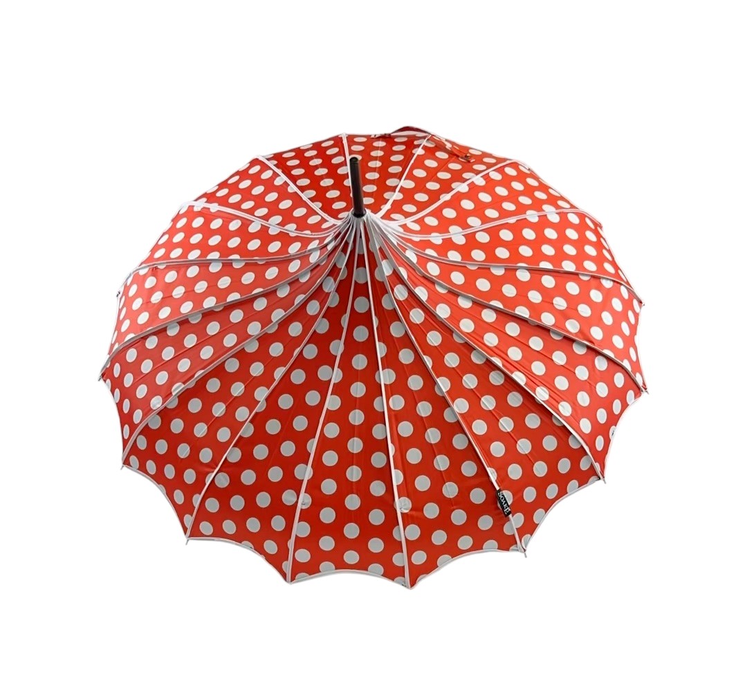 Red umbrella with white polka dots on a white background