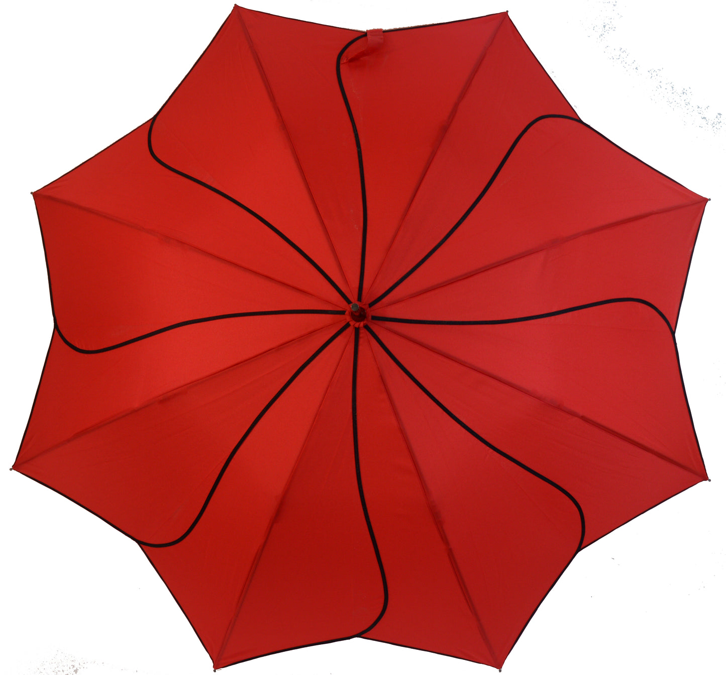 Red umbrella with black edges on a white background