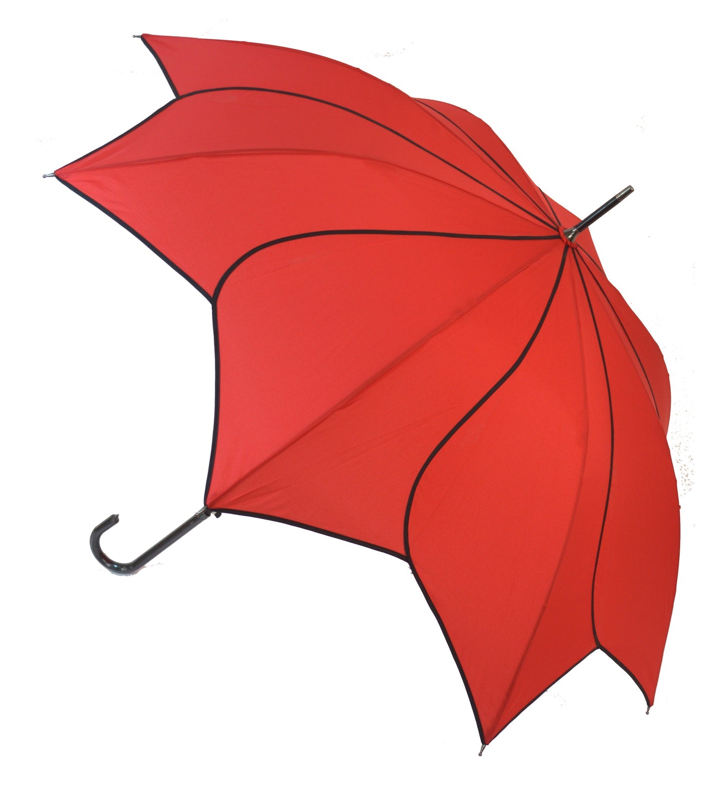 Red umbrella with black handle and ribs on a white background