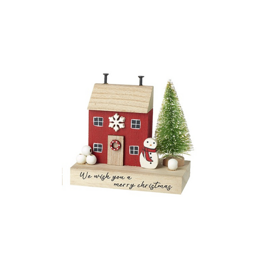 Decorative Christmas scene with a red house, snowman, and tree on a white background