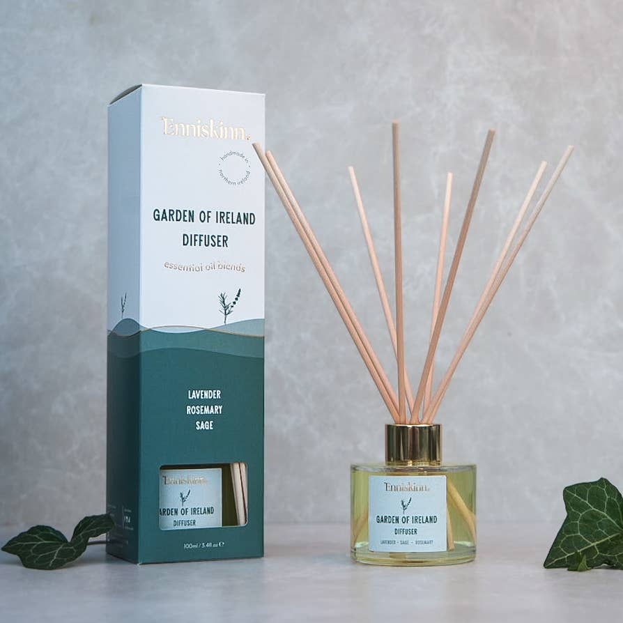 Box of Enniskinn Reed Diffuser - Garden of Ireland - Lavender Rosemary Sage with an open bottle beside it