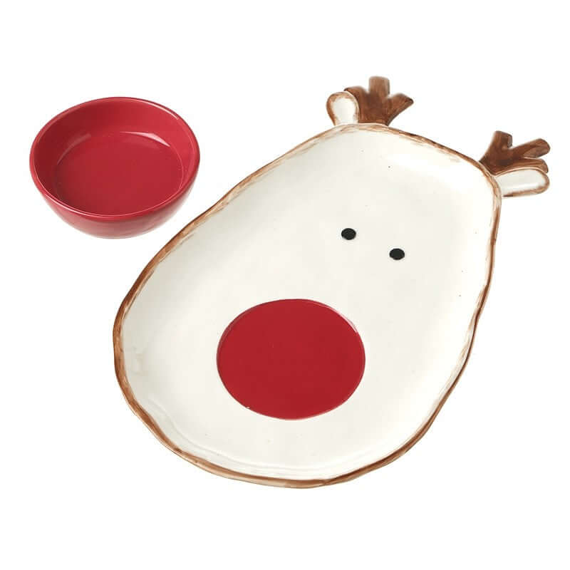 Reindeer-shaped plate with a red circle dip dish on a white background
