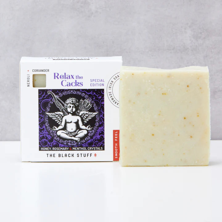 The Black Stuff Natural Soap - Relax the Cacks - Limited Edition  Soap beside the box