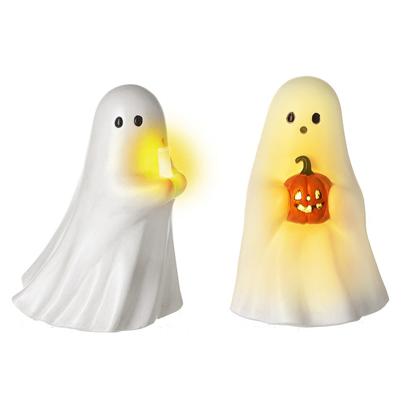 Two ghost-shaped night lights, one with a pumpkin design, on a white background.
