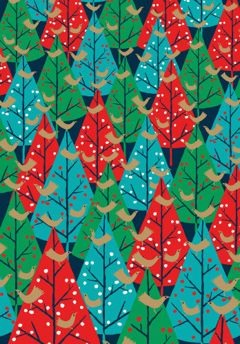 Christmas wrapping paper with Christmas trees in teal, red and green with nay branches and gold birds perched on then