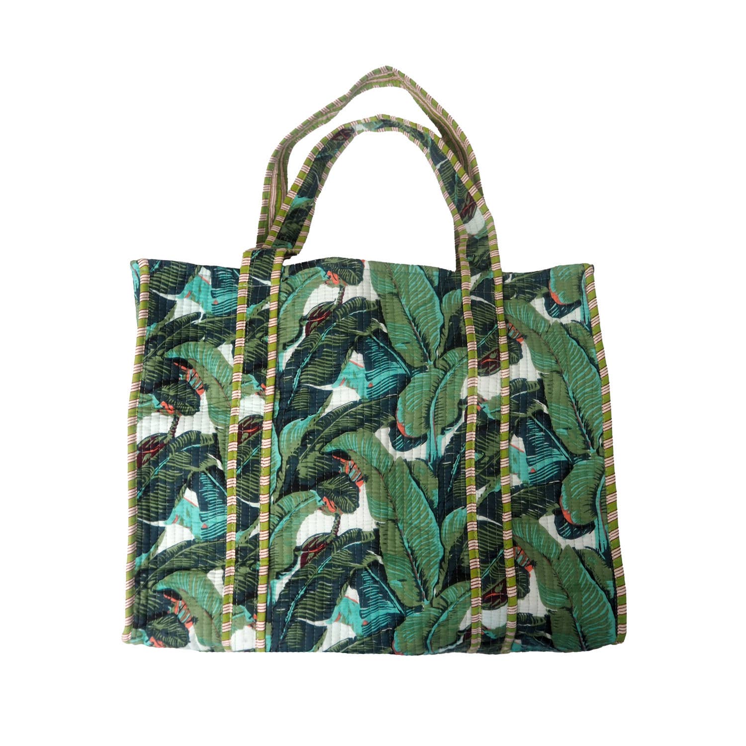 Tote bag with tropical leaf pattern on a white background