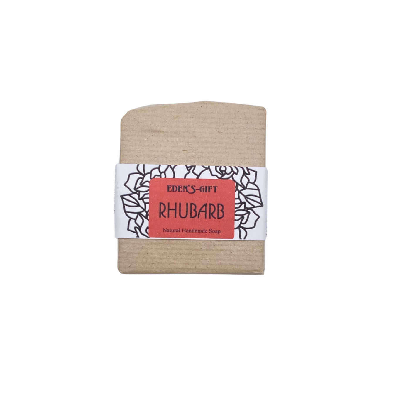 A packaged bar of handmade rhubarb soap with a label showing the brand and product name, set against a neutral background.