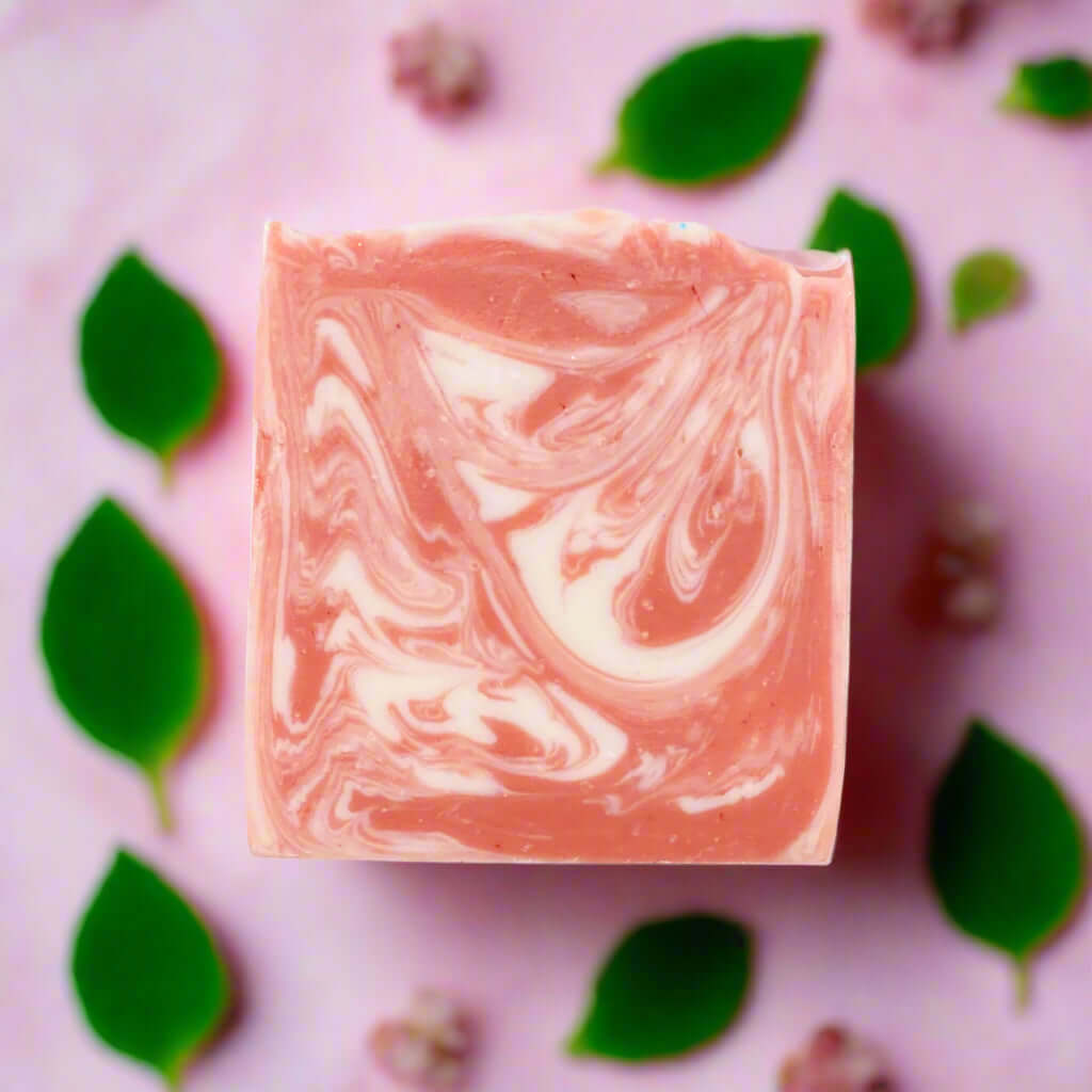 A bar of handmade rhubarb soap 