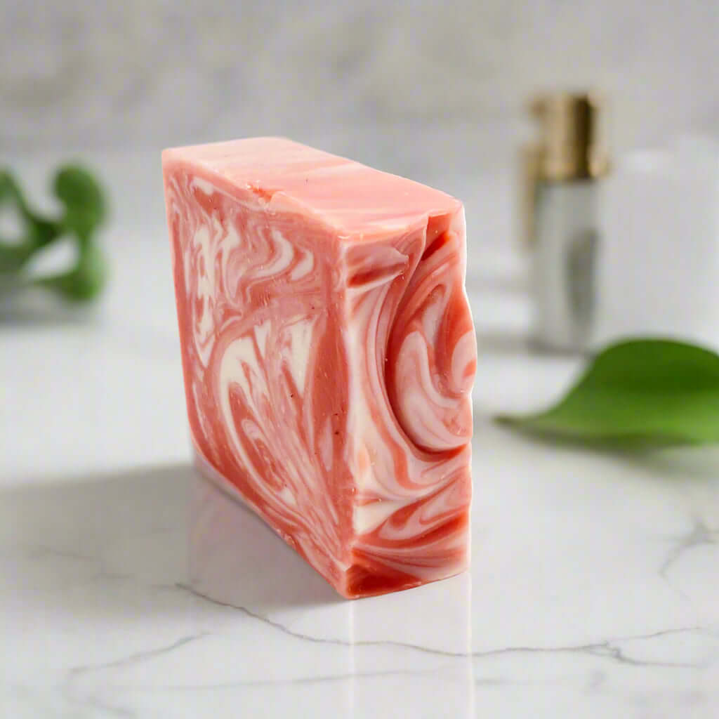 A bar of handmade rhubarb soap 