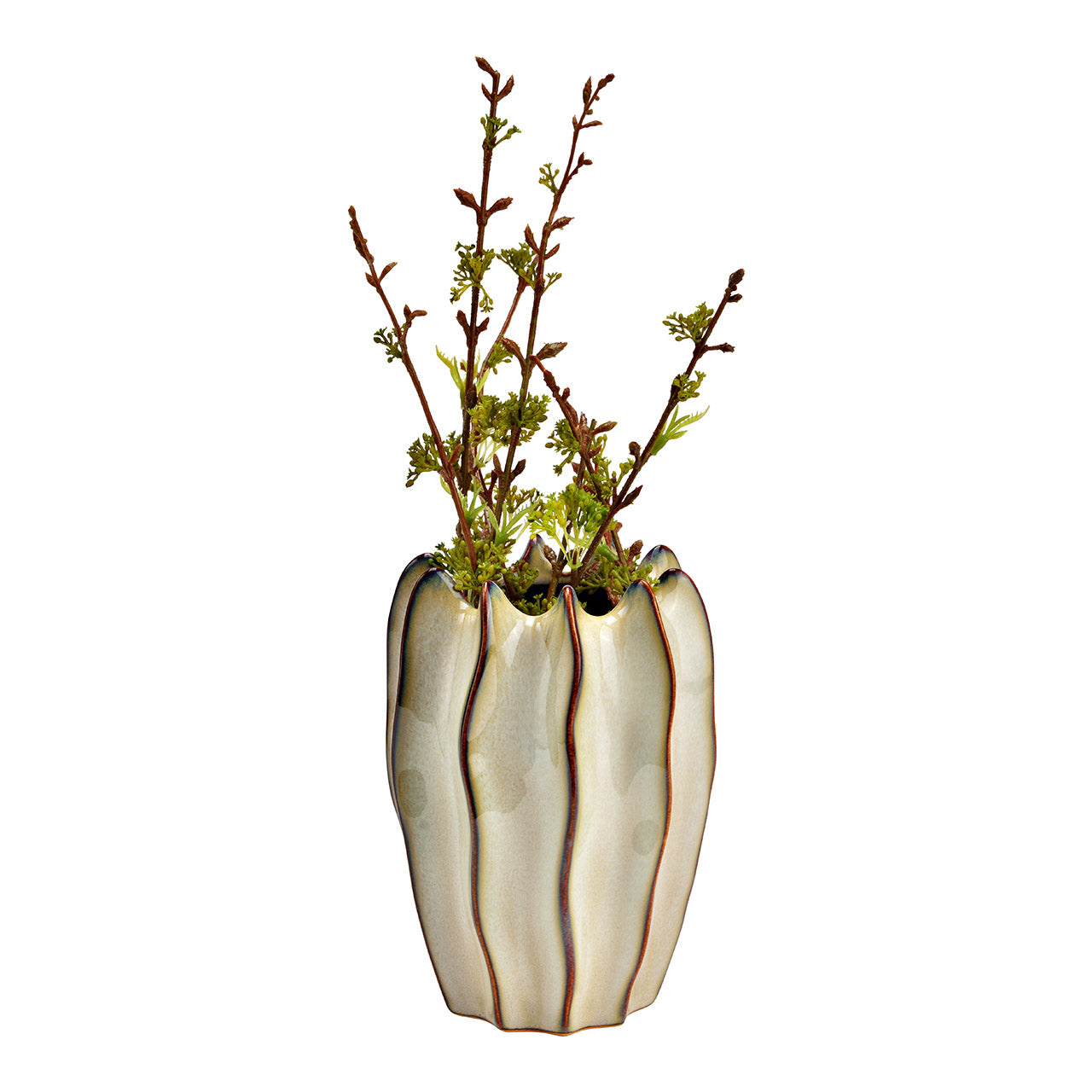 Decorative vase with wavy design and plant on a white background
