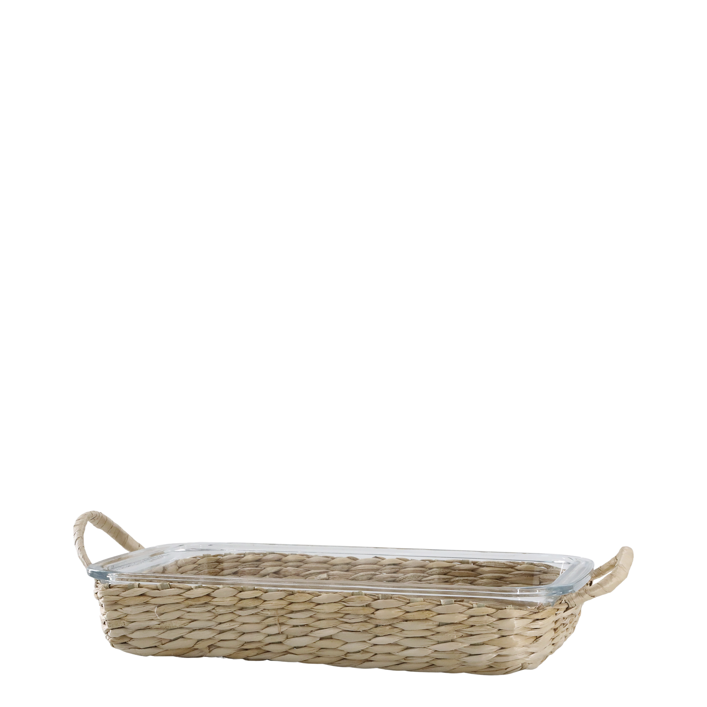 Rectangular wicker bread basket with glass lid on a white background