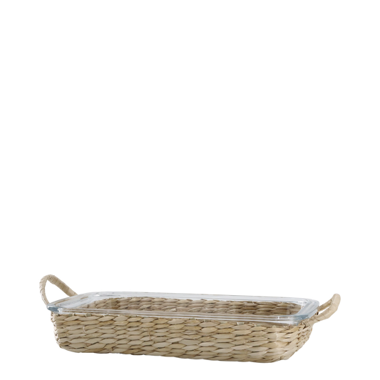 Rectangular wicker bread basket with glass lid on a white background