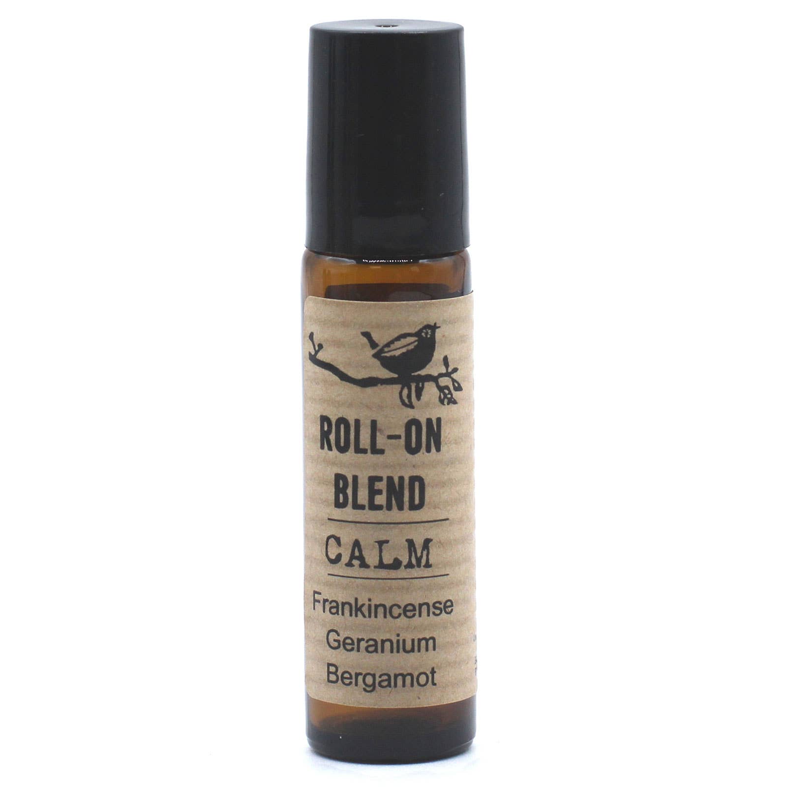 A roll-on blend calm essential oil in a small dark bottle with a label that has a bird and the text 'Frankincense, Geranium, Bergamot.'.
