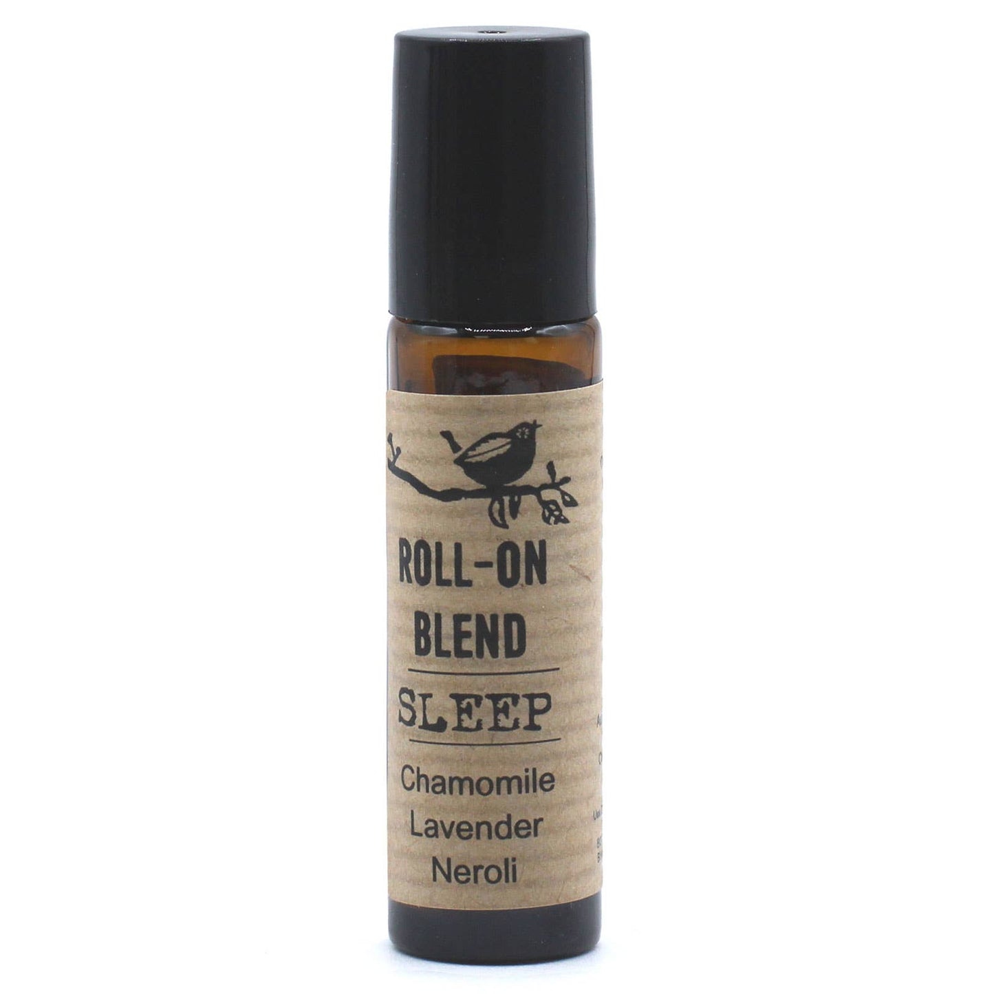 A roll-on blend sleep essential oil in a small brown bottle with a label that has text and a bird illustration.