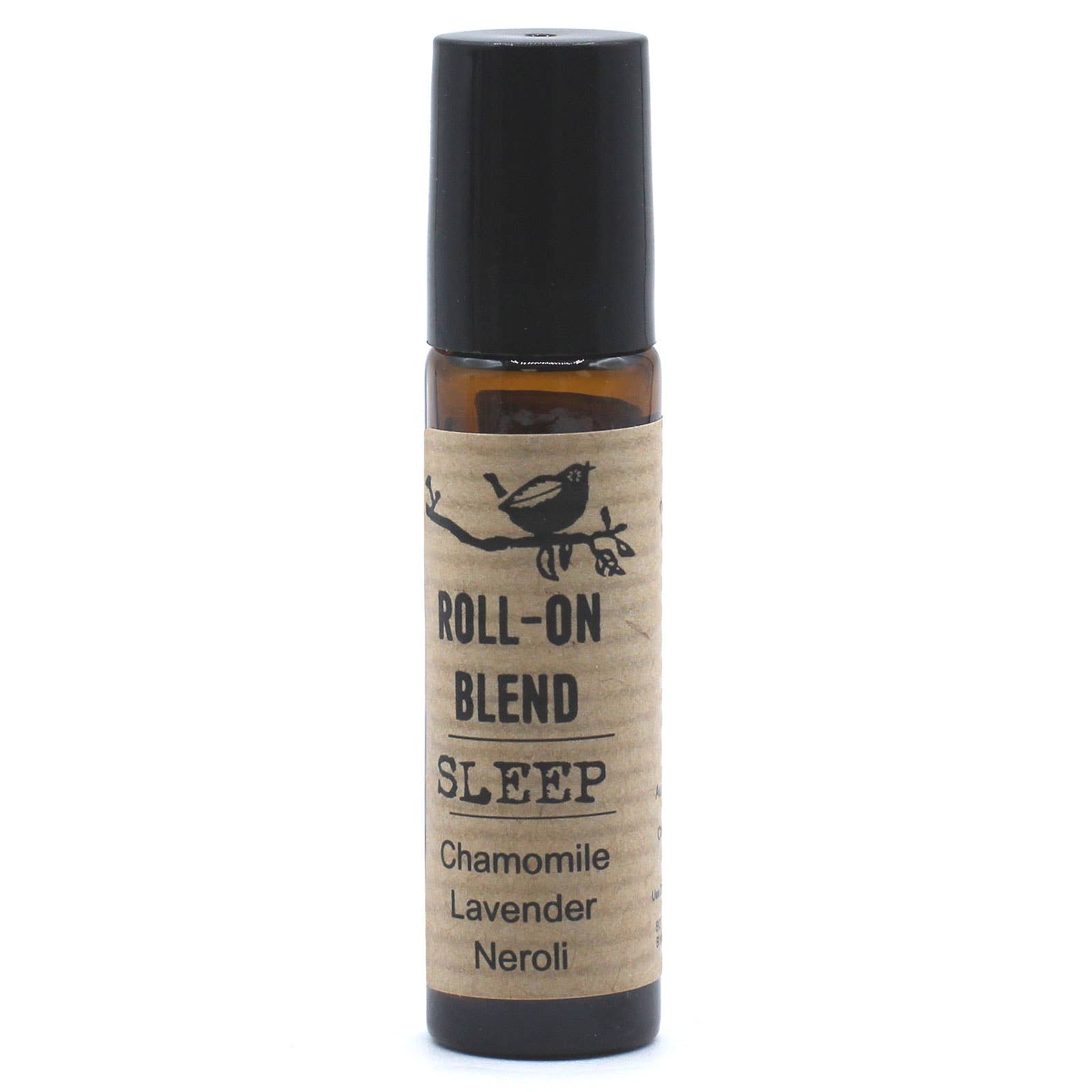 A roll-on blend sleep essential oil in a small brown bottle with a label that has text and a bird illustration.