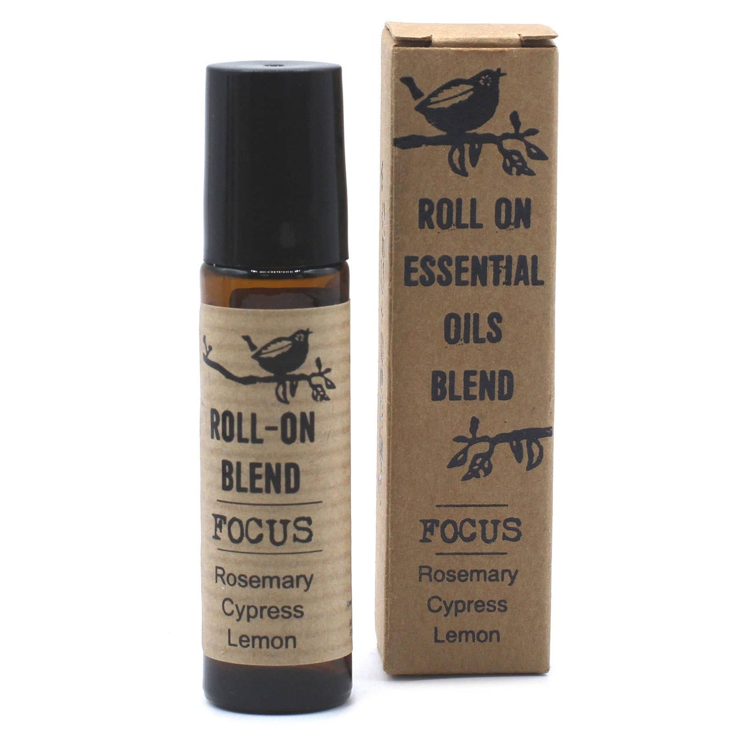 Image of roll on essential oil bottle Focus with box beside it on a white background