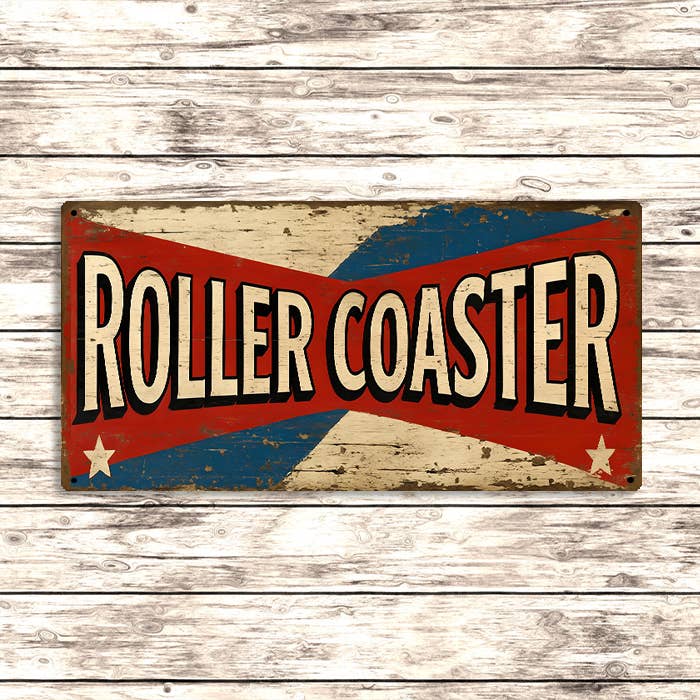 Vintage-style 'Roller Coaster' sign on a wooden background