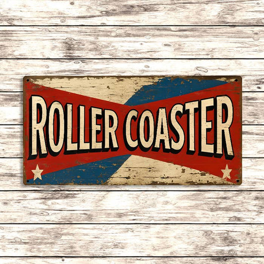 Vintage-style 'Roller Coaster' sign on a wooden background