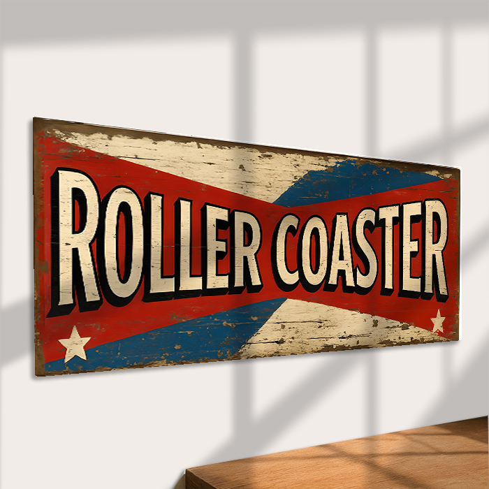 Vintage-style 'Roller Coaster' sign with red, blue, and white colors on a white background.