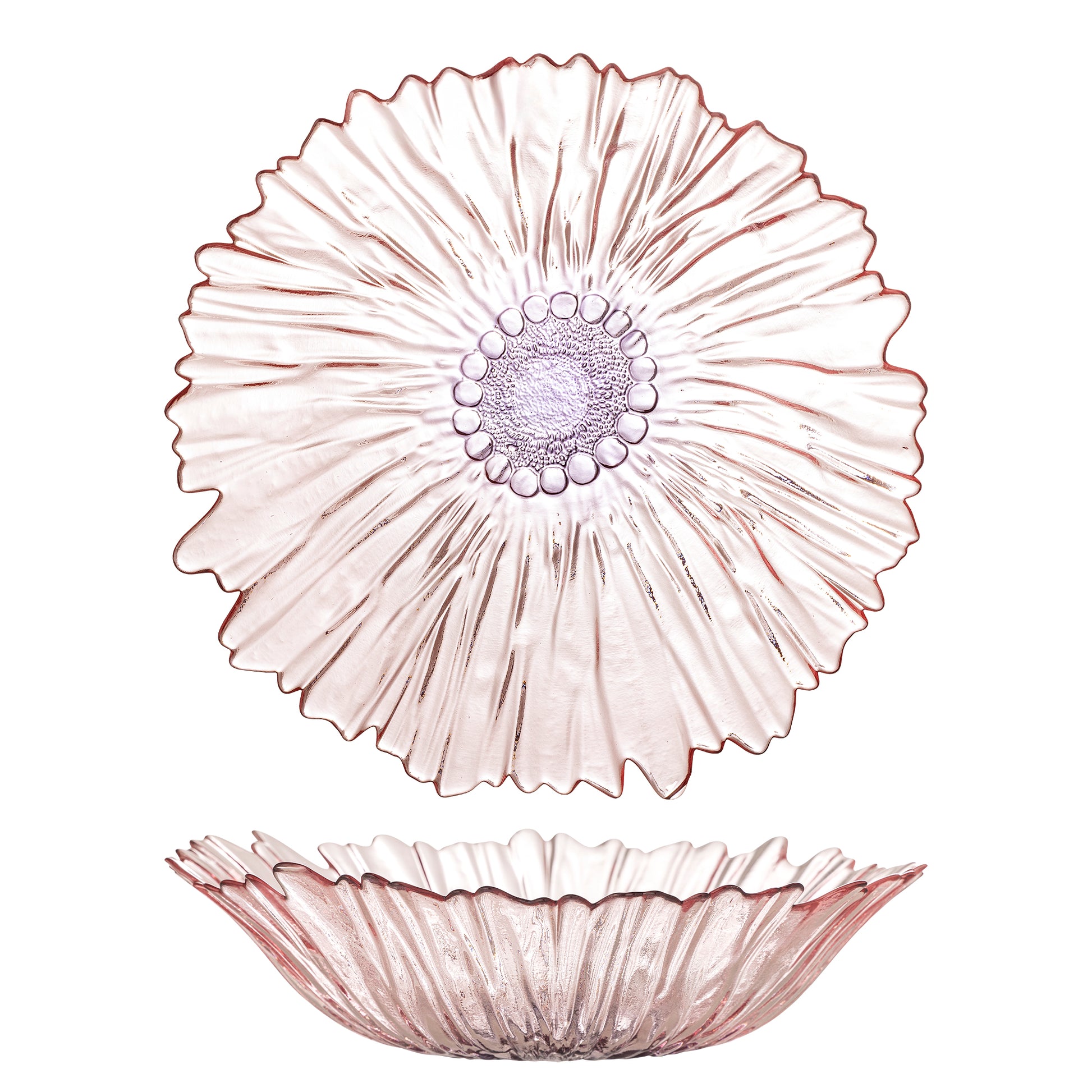 Pink glass plate with textured design on a white background