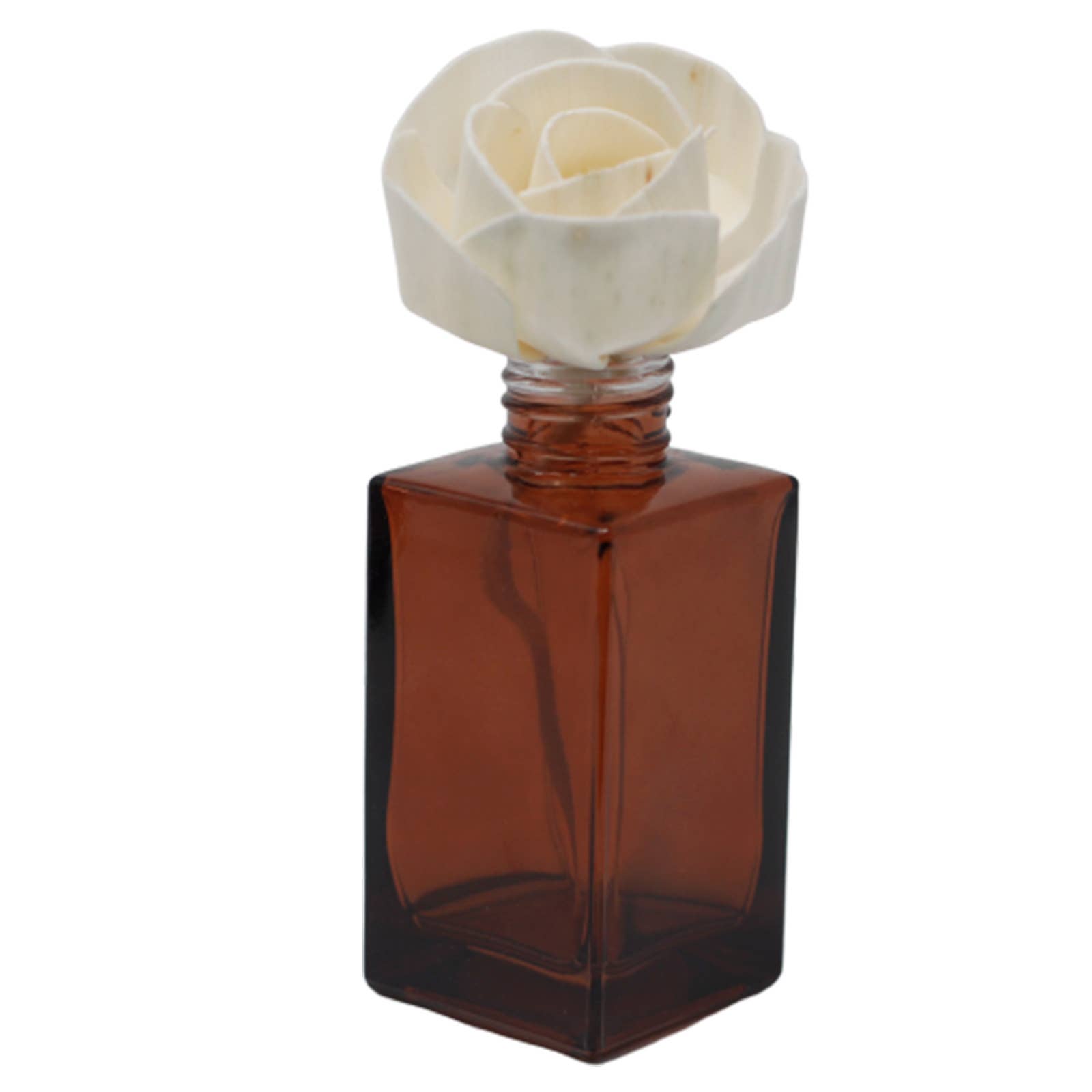 Brown perfume bottle with a white rose on a white background