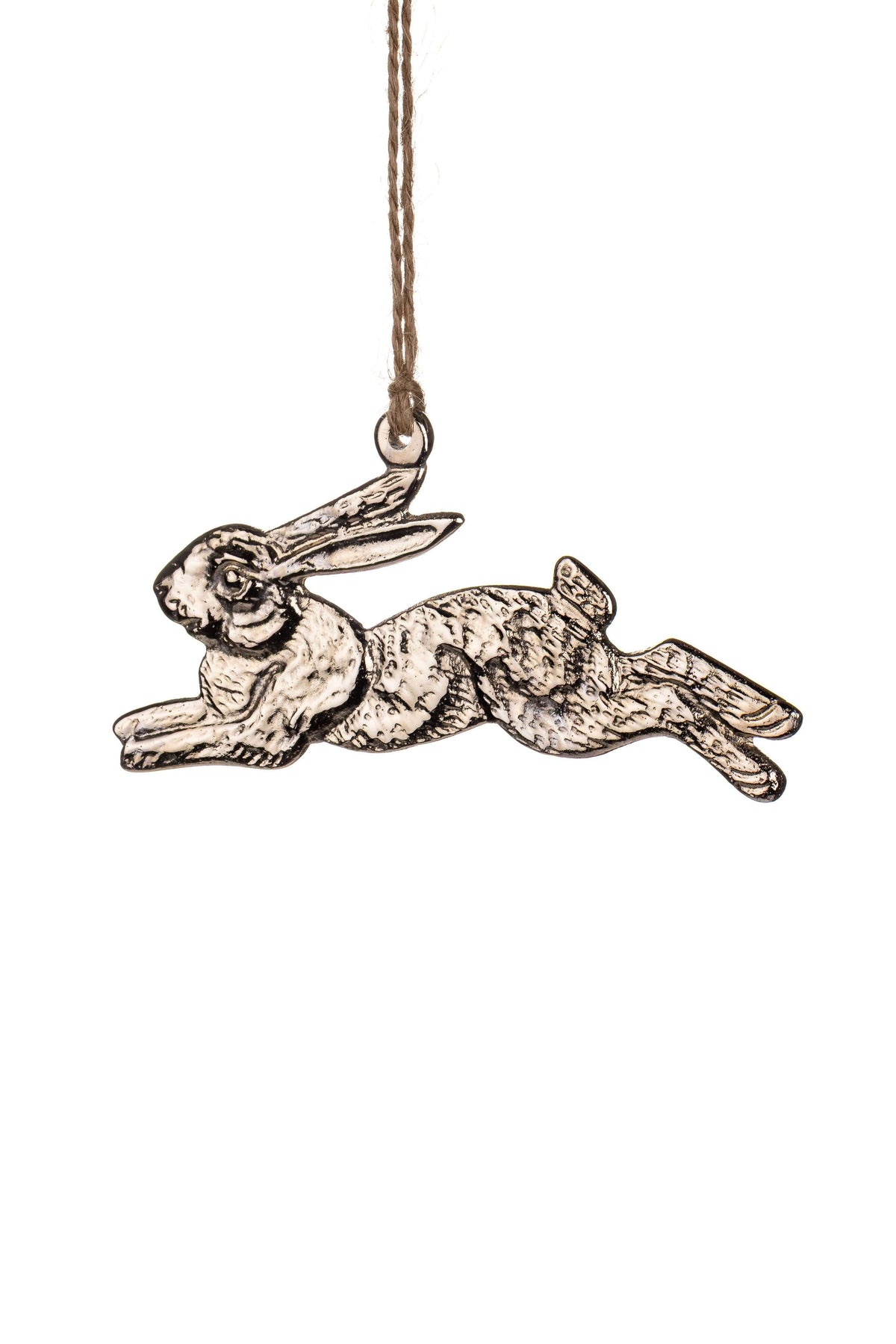 A detailed silver-toned metal hare ornament in a leaping pose, suspended from a brown string against a plain white background.