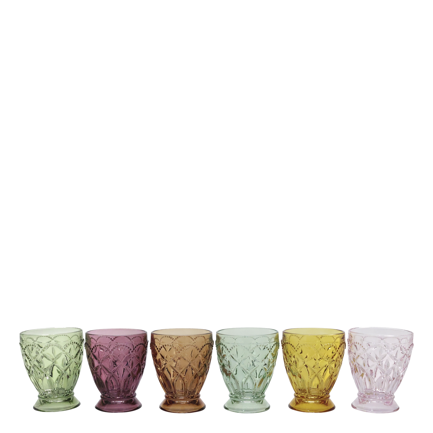Set of six colorful glass tumblers with textured design on a white background