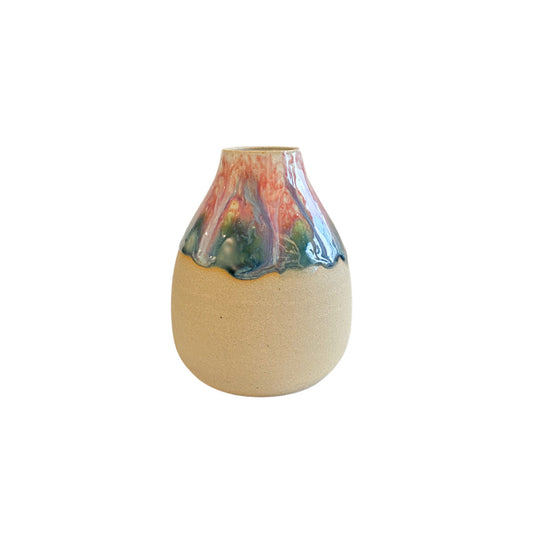 Pretty handmade stoneware bud vase glazed in pink, white and green glaze.  Inspired by Cherry Blossoms
