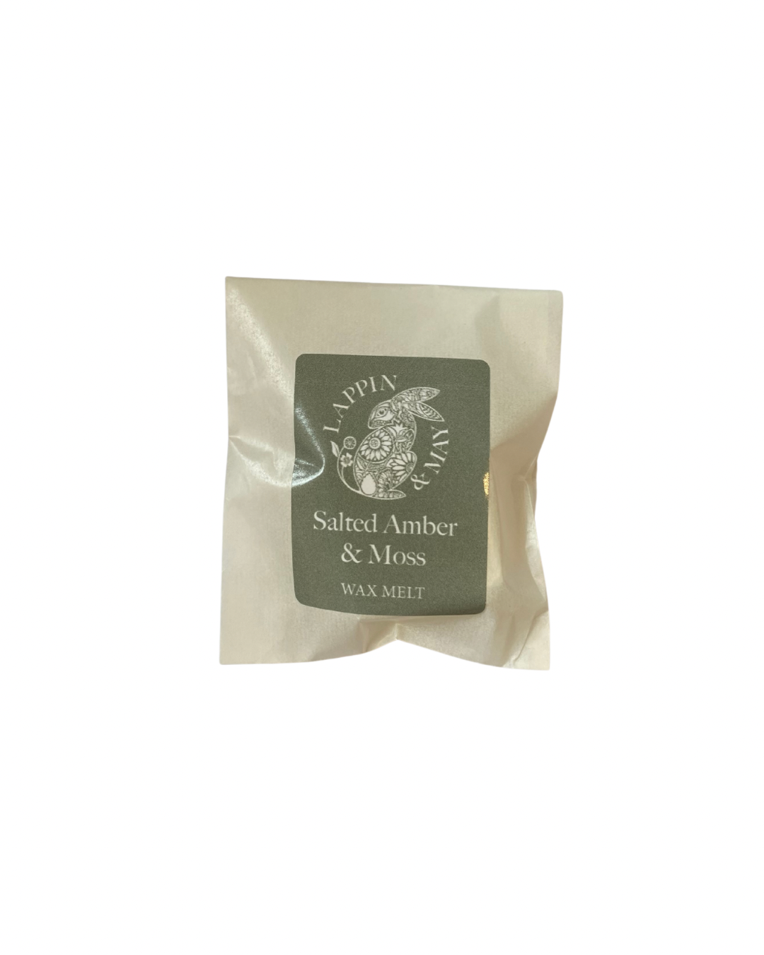 Wax melt package labeled 'Salted Amber & Moss' on a white background