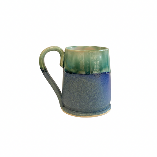 Large hand thrown mug in blue and green glaze. Made in Northern Ireland