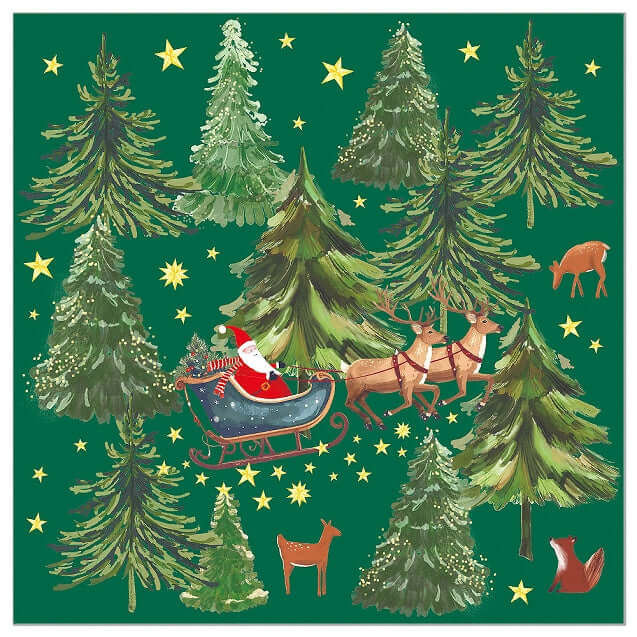 A square red Christmas-themed print napkin featuring illustrated evergreen trees, yellow stars, Santa in a blue sleigh with reindeer, and small woodland animals on a green background.
