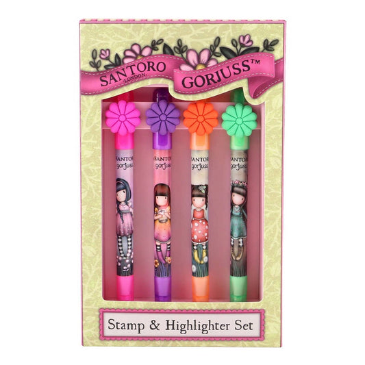 Set of four colorful stamp and highlighter pens in a Santoro Gorius packaging.