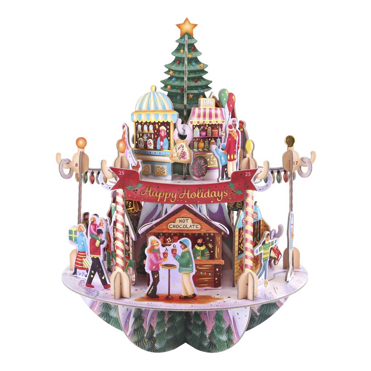 Christmas-themed miniature village 3d advent calendar with a carousel and festive decorations on a white background