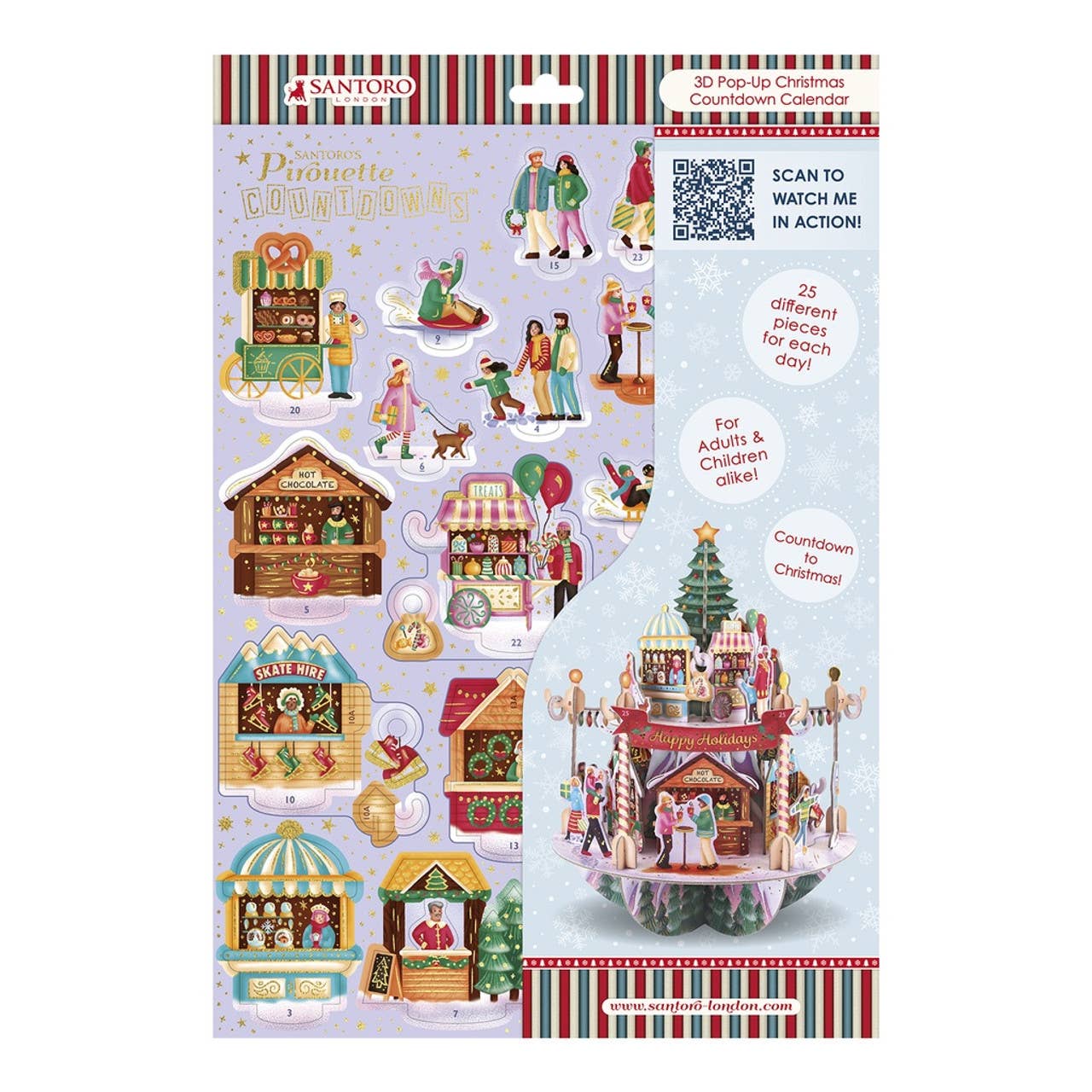 Santoro 3D Pop-Up Christmas Calendar packaging with festive illustrations and QR code.
