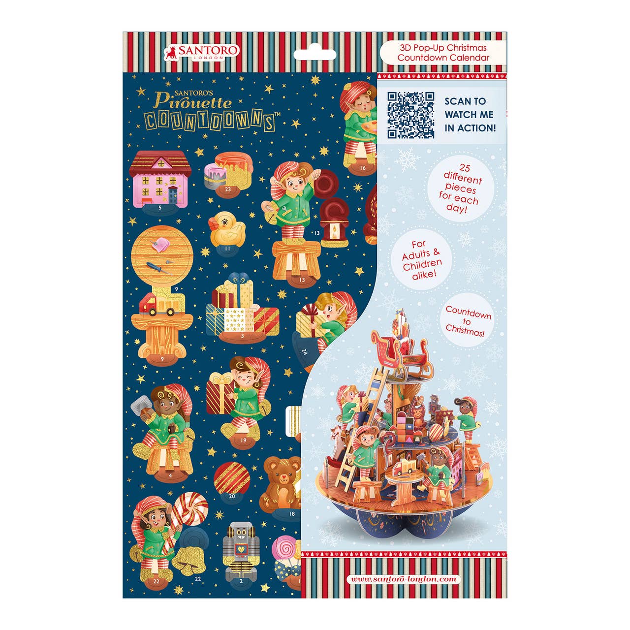 Santoro Pinautte Countdown Christmas calendar packaging with colorful illustrations on a blue background.