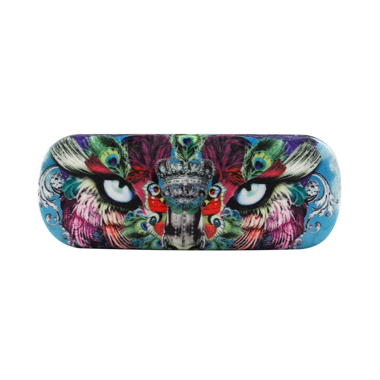 Colorful glasses case with a decorative design of grey cats eyes on a white background