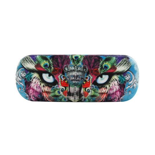 Colorful glasses case with a decorative design of grey cats eyes on a white background