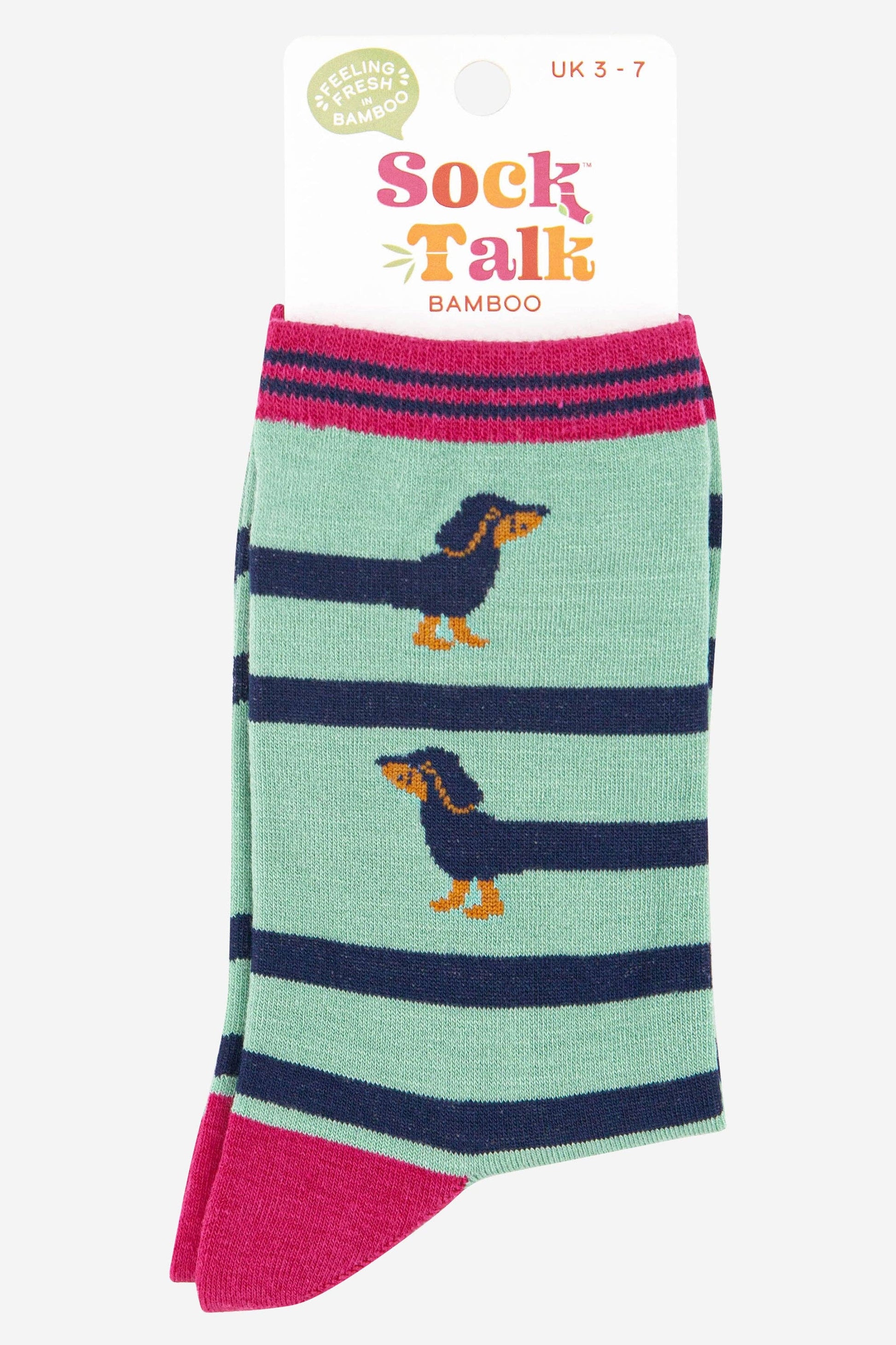 Packaged sock with dachshund design and 'Sock Talk' branding on a white background