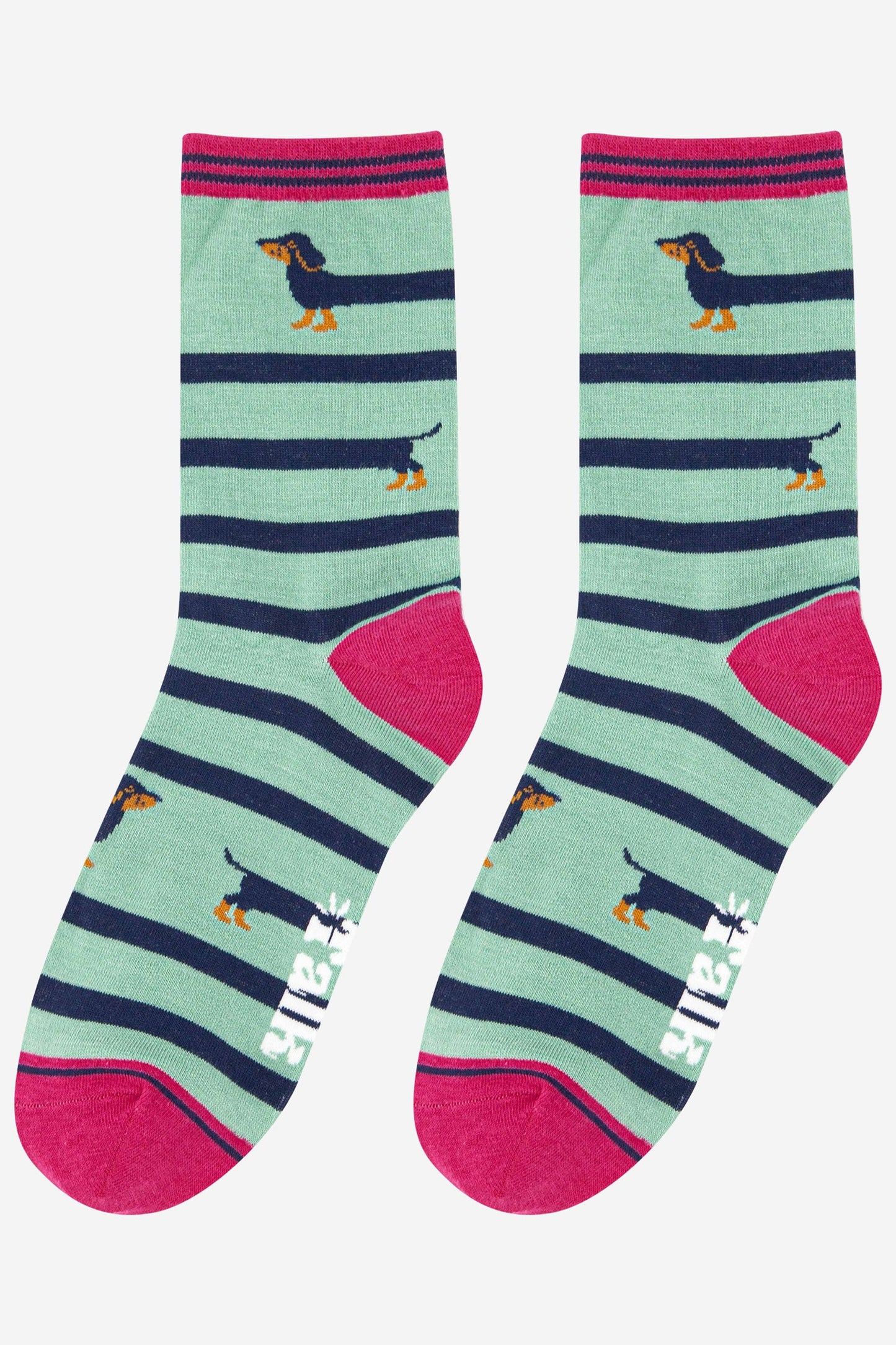 Pair of socks with striped pattern and dachshund design on a white background