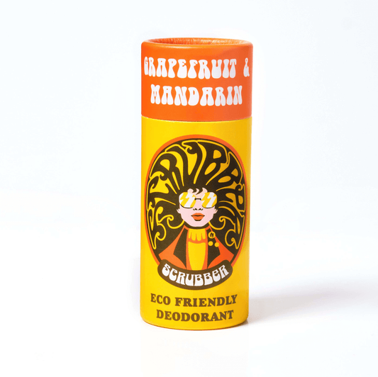 Deodorant stick labeled Grapefruit & Mandarin Eco Friendly Deodorant' with brand logo and illustration of a character on the packaging.