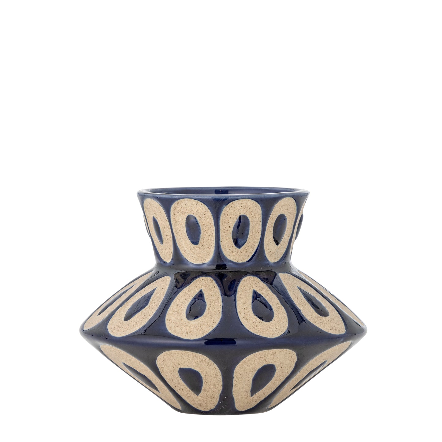 Blue ceramic vase with beige circular patterns on a white background