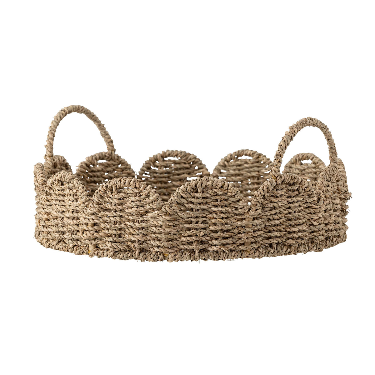 Woven basket with handles on a white background